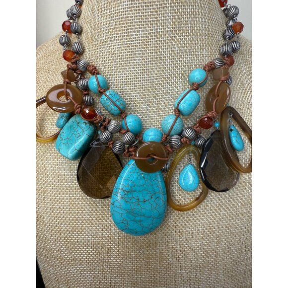 Chunky Multistrand Turquoise & Brown Statement Necklace W/ Beaded Accents Adjust - Picture 2 of 12